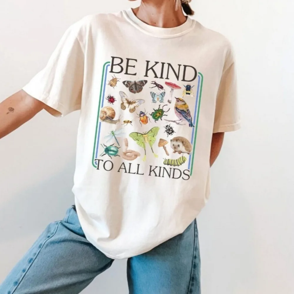 

Be Kind To All Kinds' Shirt Retro Animal and Insect Lover Biology Teacher Kindness Tees Women Summer Clothes