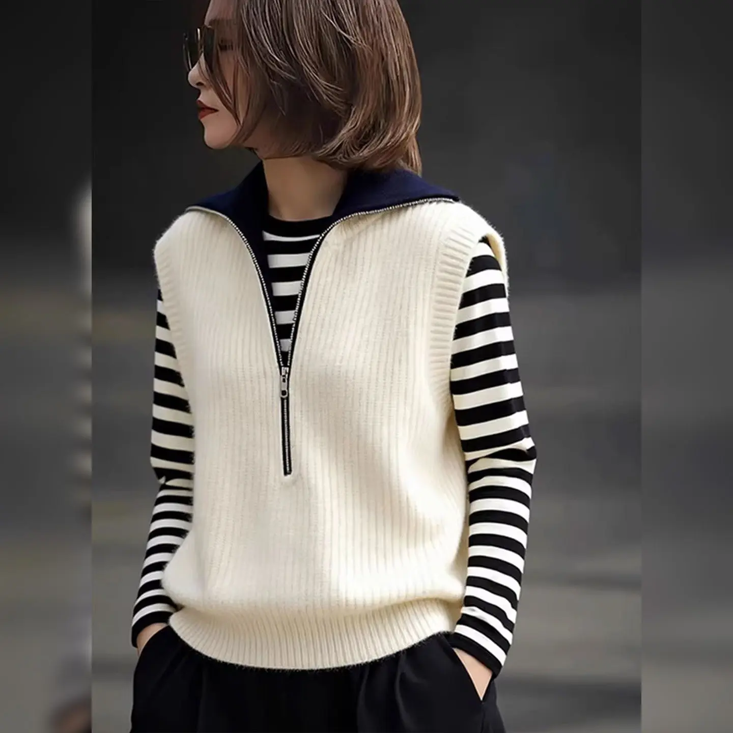 Western-style semi-zipper fashion lapel vest slim Joker cashmere sweater simple casual top woman