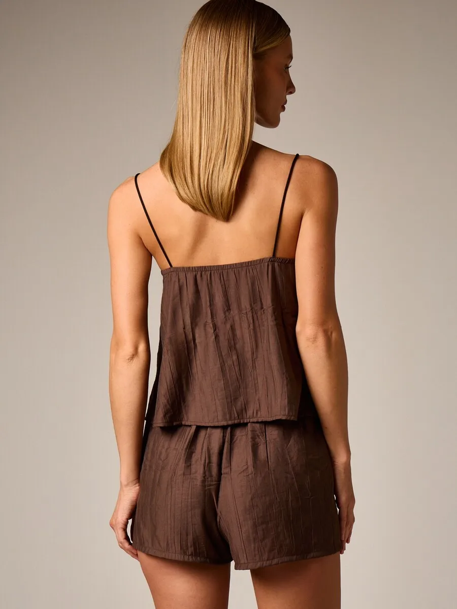 

Brown Cami Pajama Set With Ruffle Top And Wide Leg Shorts For Summer Loungewear