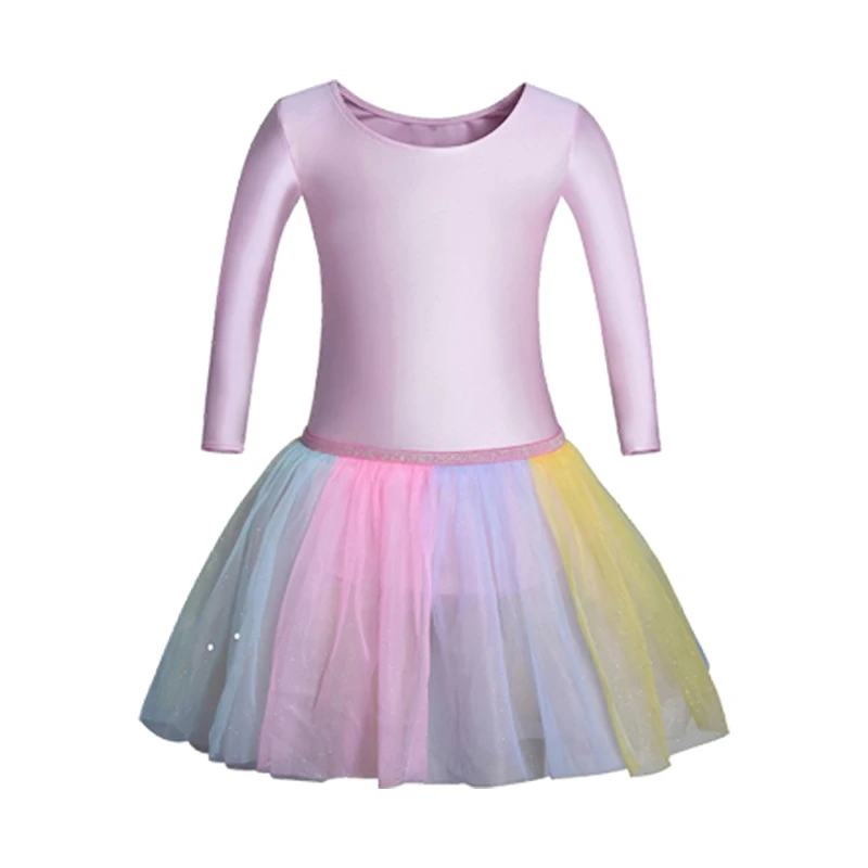 Collant de balé de manga comprida para meninas, saia tutu brilhante com cintura elástica e vestido de lantejoulas brilhantes sem números