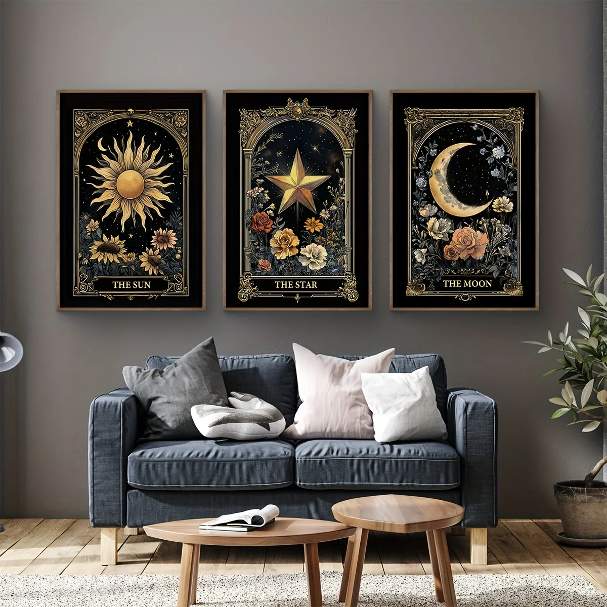 3pcs/set Of Sun, Stars, Moon Tarot Art Wall Decoration Paintings, Astrological Retro Wall Art Posters, Room Decoration, Living R
