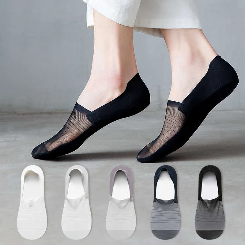 Men Socks Slippers Hollow Out Mesh Thin Breathable Summer Invisible No Show Socks Men Male Silicone Non-slip Low Cut Boat Socks