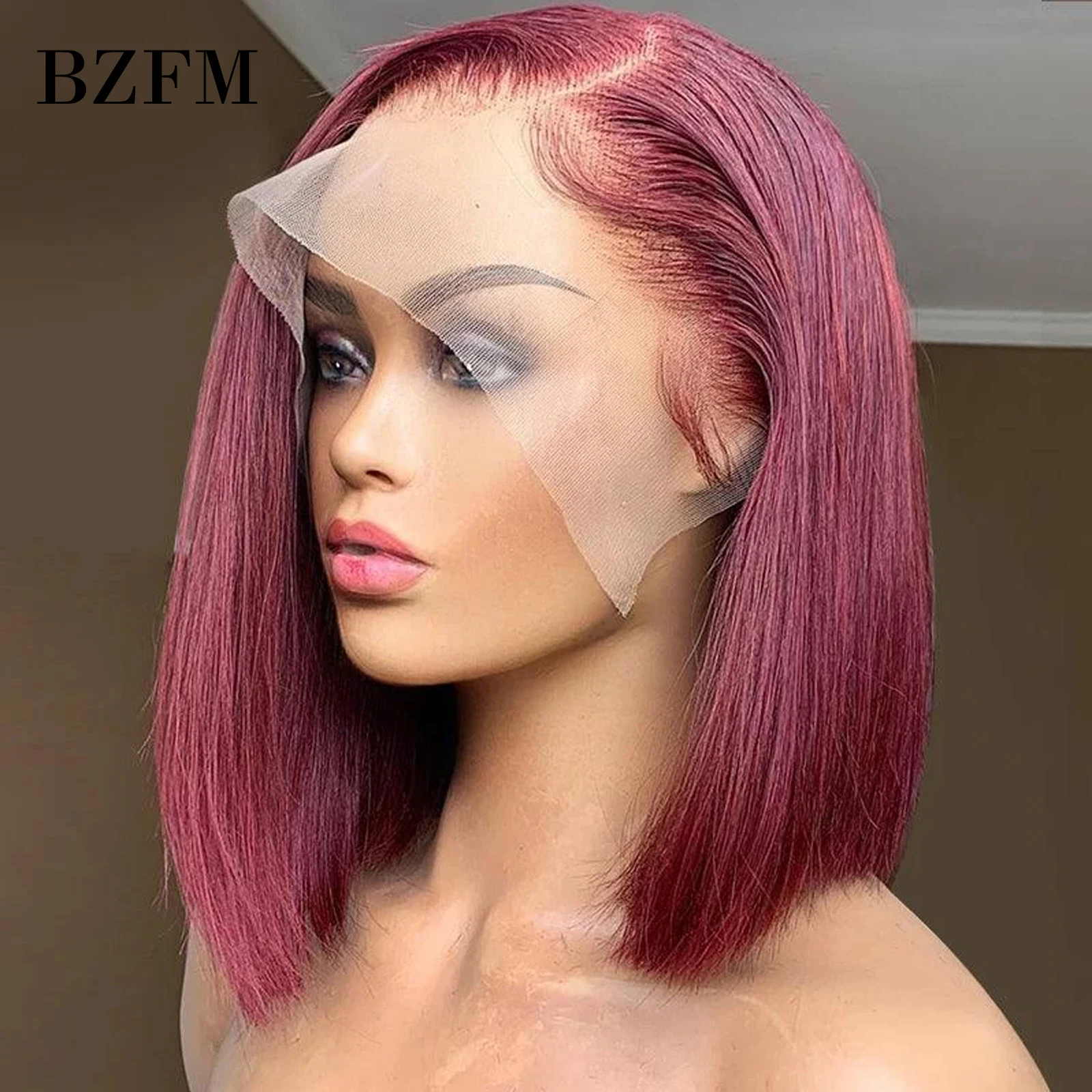 Short Straight Bob 100% Human Hair Wigs for Black Women 180 Density 13x4 Lace Frontal Wig 99J Burgundy Colored Lace Front Wigs