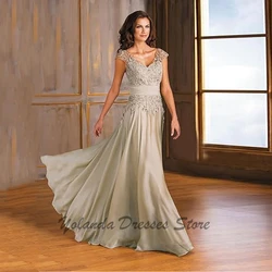 Elegant V Neck Mother of The Bride Dresses Applique Lace Up Back Chiffon Formal Evening Gown Floor Length Side Pocket Sleeveless