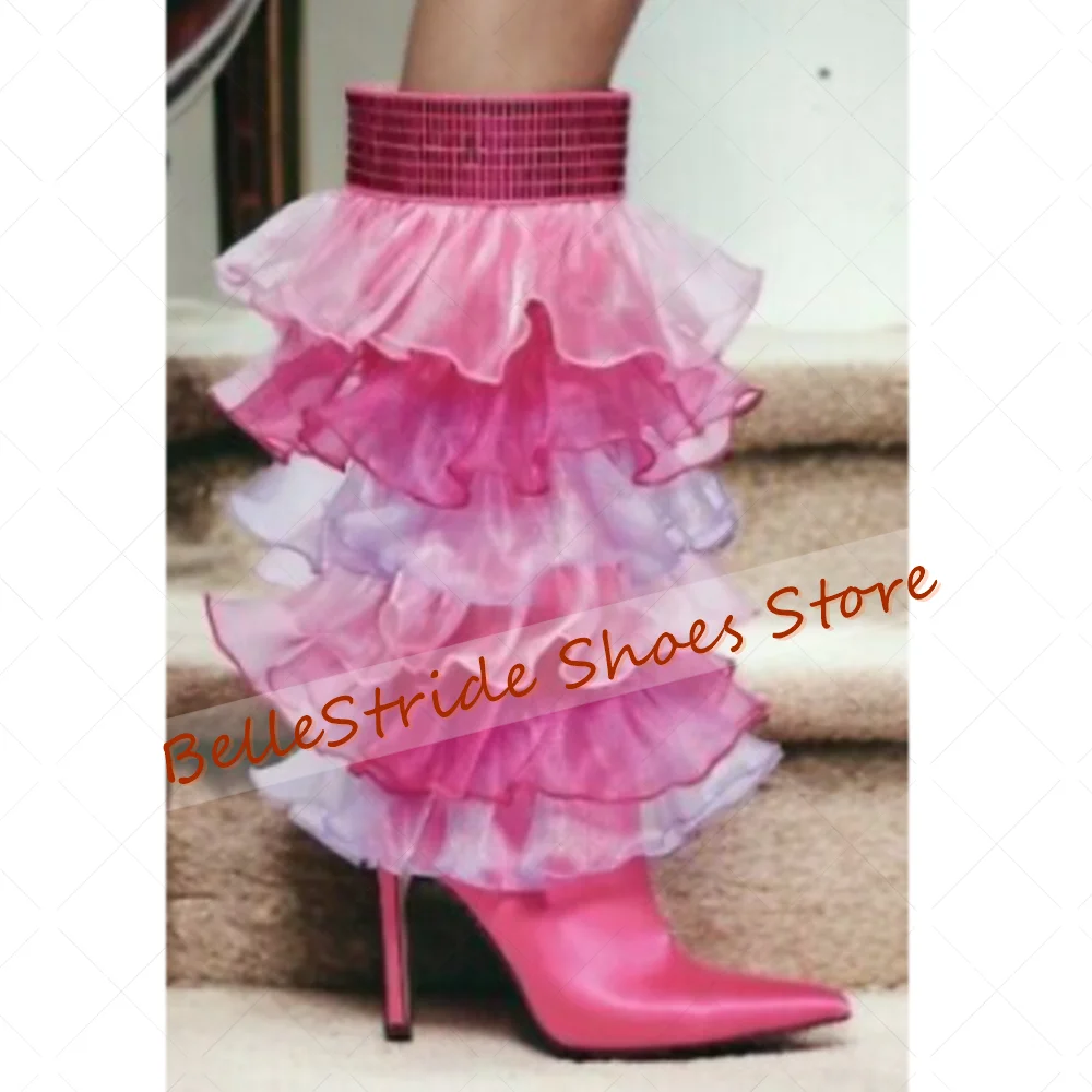 

Rose Red Pointed Toe Mesh Decor Boots Matte Leather Women Shoes Thin High Heels Party Banquet Dating 2025 Zapatos Para Mujere