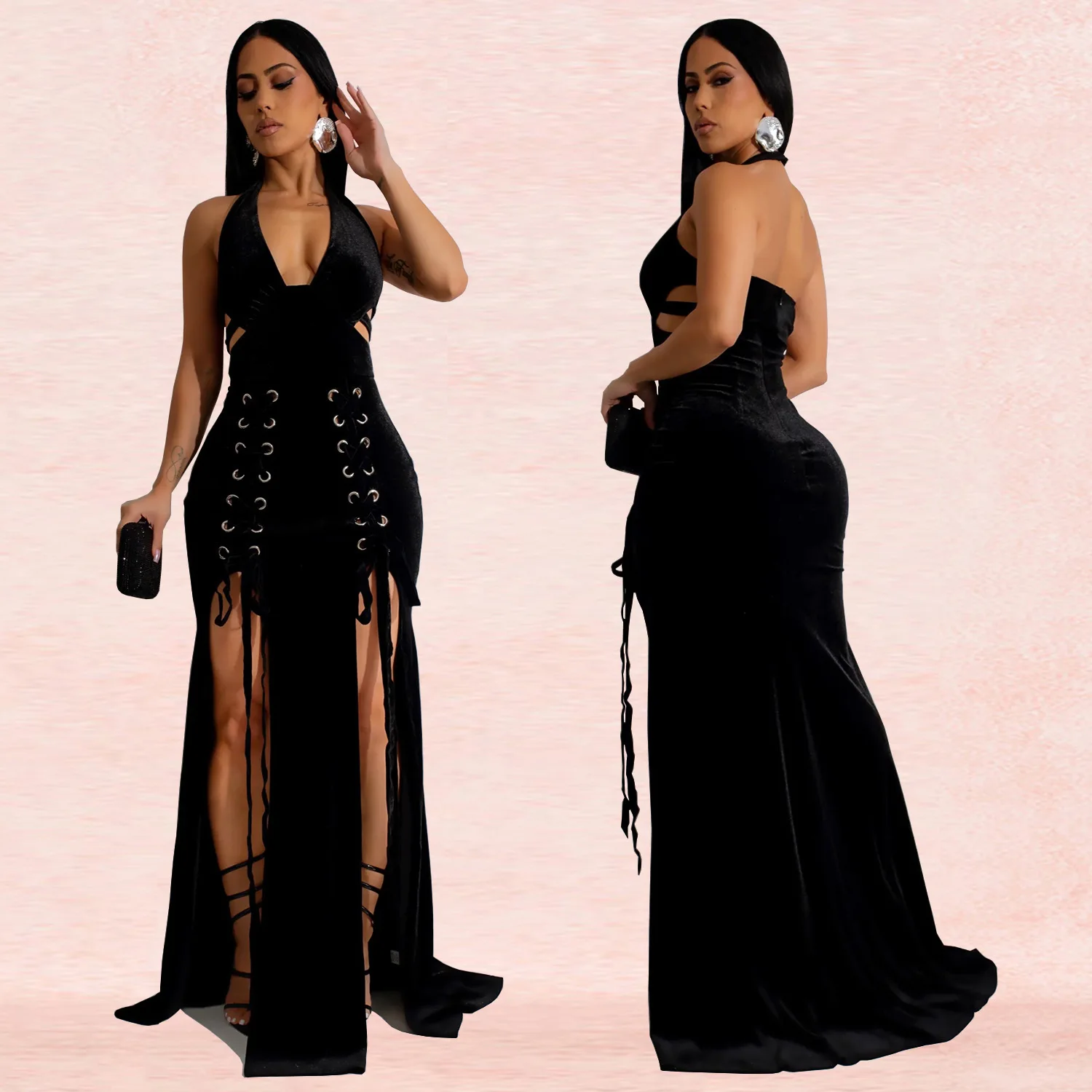 C7156 ファッショナブルな女性の首吊りバッグアームセクシーなスリットジャンプスーツロングスカート新しい