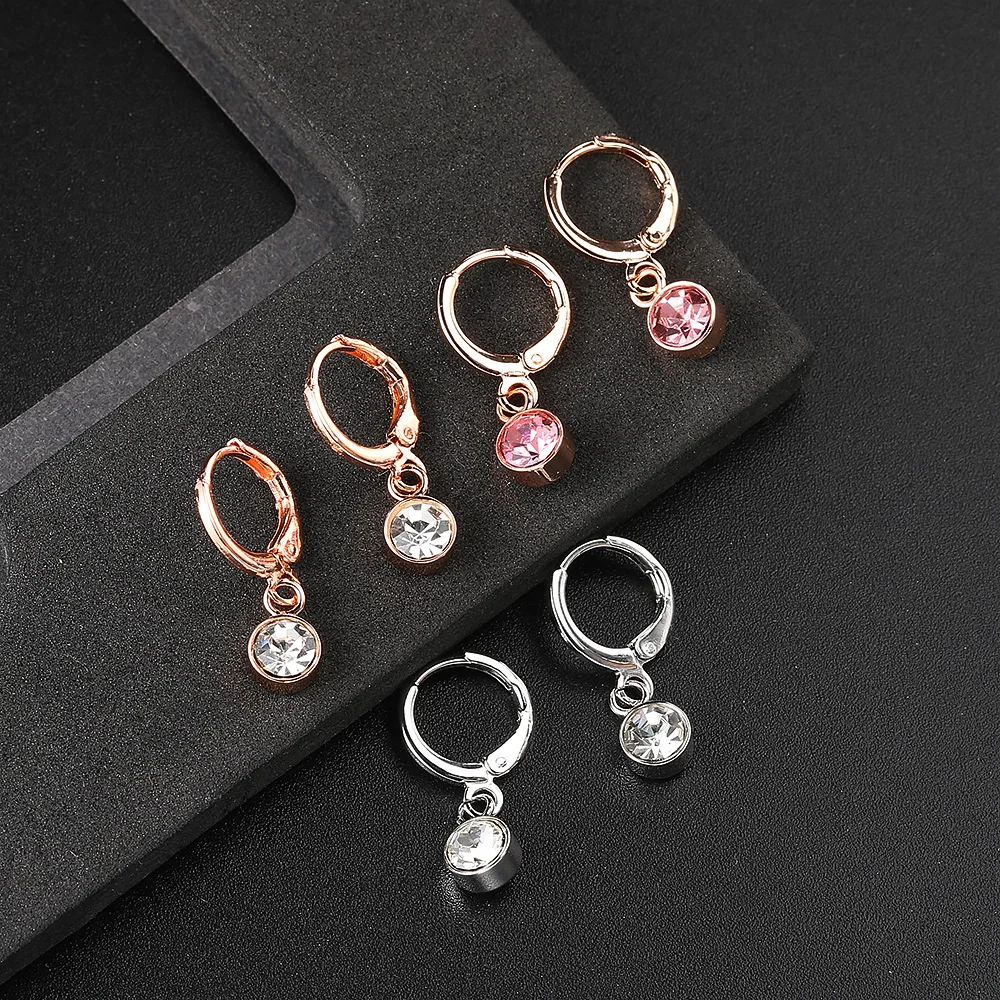 Romantic Pink CZ Stones Dangle Earrings For Women Rose Gold Color Small Round Ear Hook Jewelry Wholesale DWE816/E815