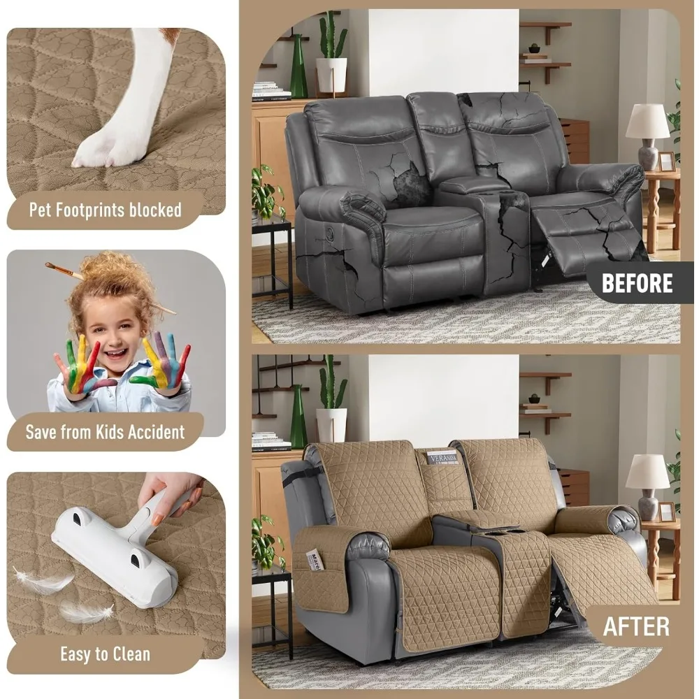 Capa reclinável de loveseat à prova d'água com console, protetor de móveis lavável antiderrapante para animais de estimação e crianças