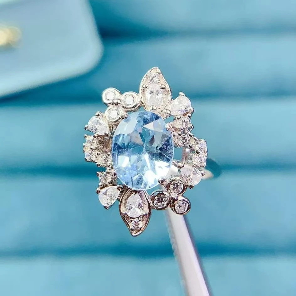 925 Silver Natural Blue Topaz Ring Certified Fine Jewelry White Gold Plated Oval Cut Floral Cluster Halo Statement Gemstone Ring