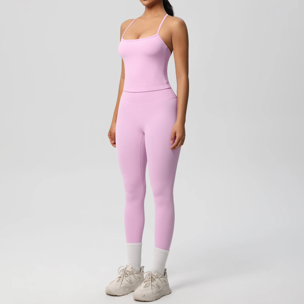 Hochelastisches, sexy, rückenfreies Yoga-Oberteil und -Hose, stoßdämpfendes Lauf-Yoga-Tanktop, einfarbige, schnell trocknende Yoga-Leggings – Detail 32