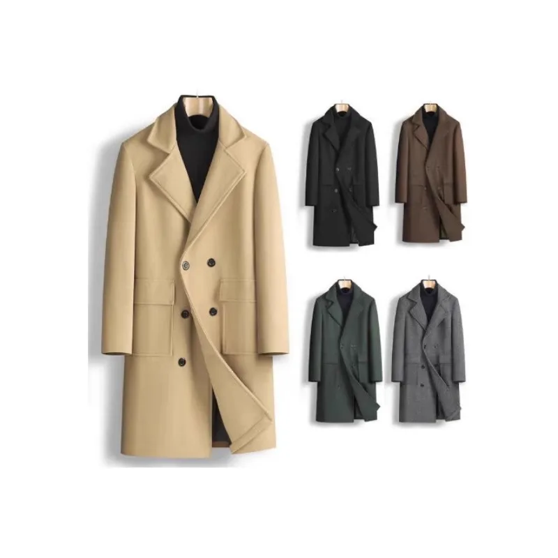 Spring New Men's Double-breasted Youth Solid Color Casual Medium And Long Woolen Coat Fashion Trench Coat