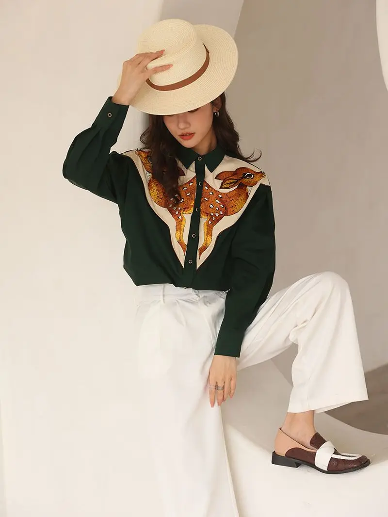 CHEERART Deer Embroidered Long Sleeve Shirt Vintage Button Up Collar Dark Green Shirt For Women Designers Tops And Blouses 2021