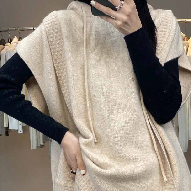 100% Pure Wool Vest Casual New Solid Color Knitted Women\'s Hooded Sleeveless Sweater Loose Pullover