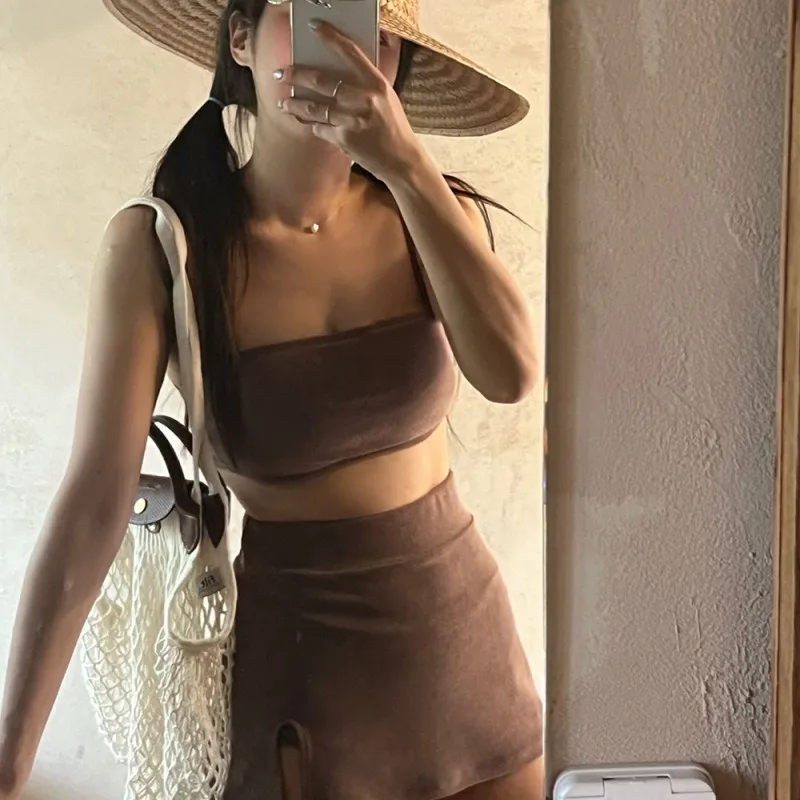 Women New Two-Piece Swimsuit Solid Color Bikini Sexy Sling Slit Swimwear Bikinis Korean Spring Casual Bathing Suit Women Y2k 수영복