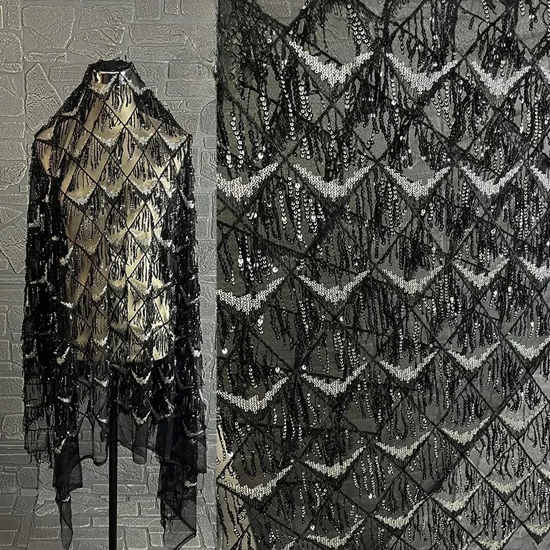 

Black Diamond Grid Sequin Fringe Mesh Fabric Stage Costume Designer Apparel Sewing Fabric Cloth for By The Meter Diy Material