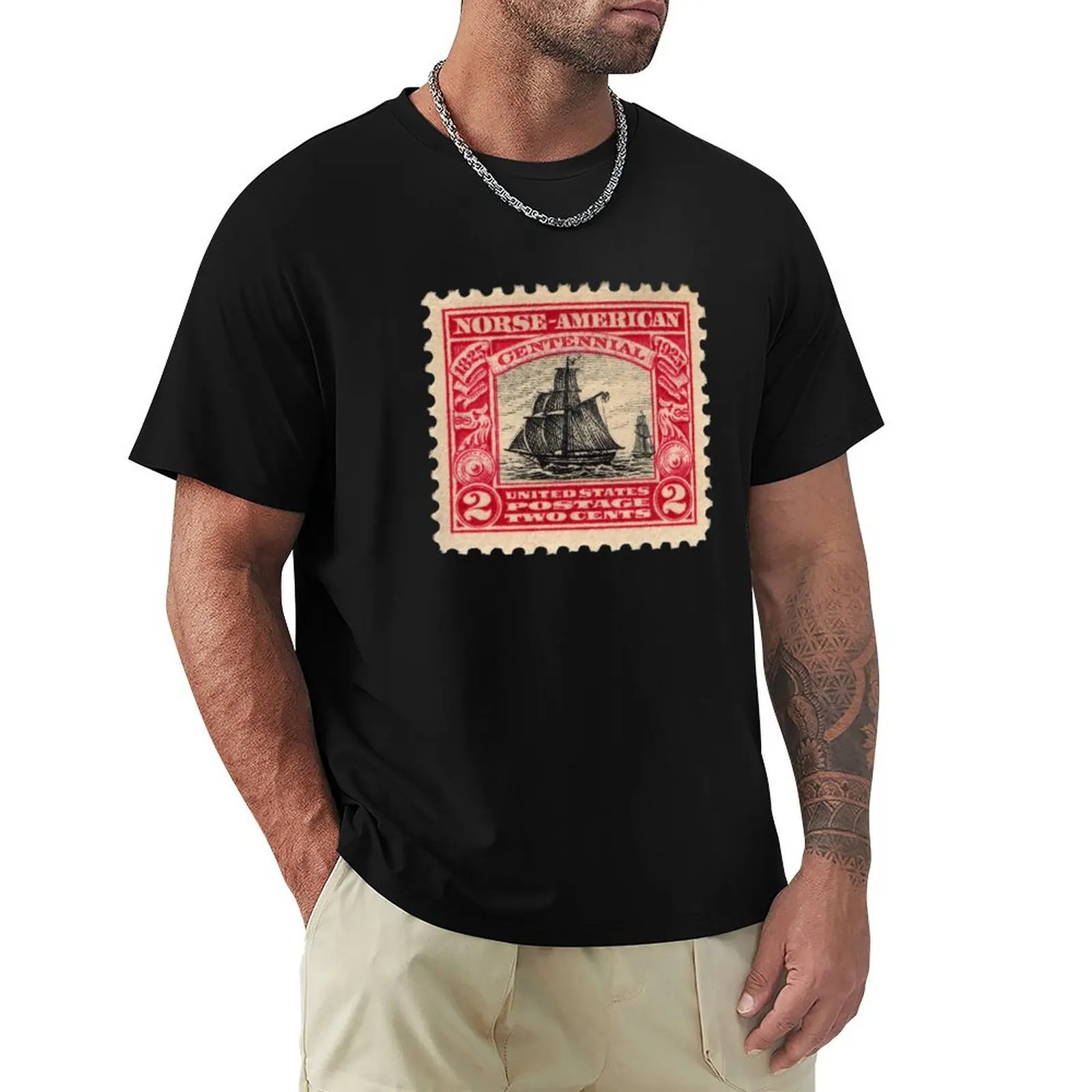 

Vintage US Norse Ship Centennial Postage Stamp T-Shirt man clothes quick drying anime men t shirt