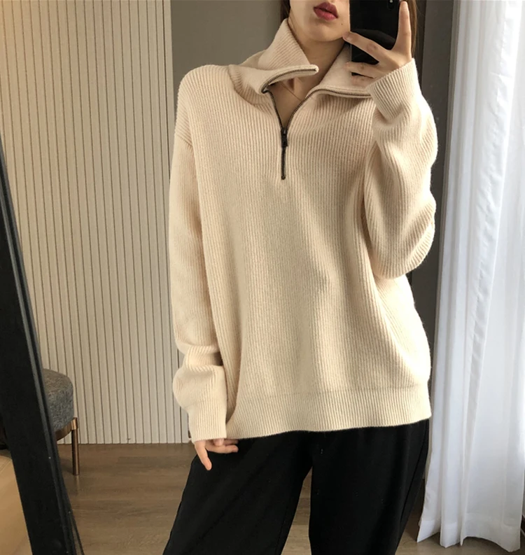 Autumn and winter new cashmere sweater women's high-necked zipper plus size sweater loose polo neck knitting thickening