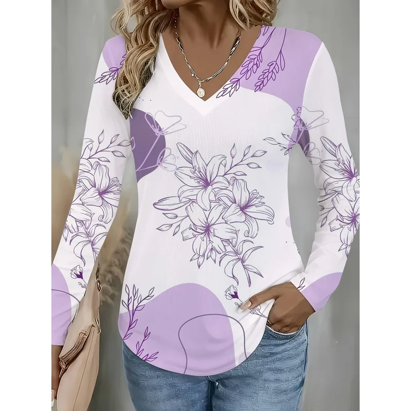 Womens Casual Long Sleeve V Neck Floral Print T Shirt Purple Flower And Leaf Pattern Ideal Present For Loved Ones Fit For Daily