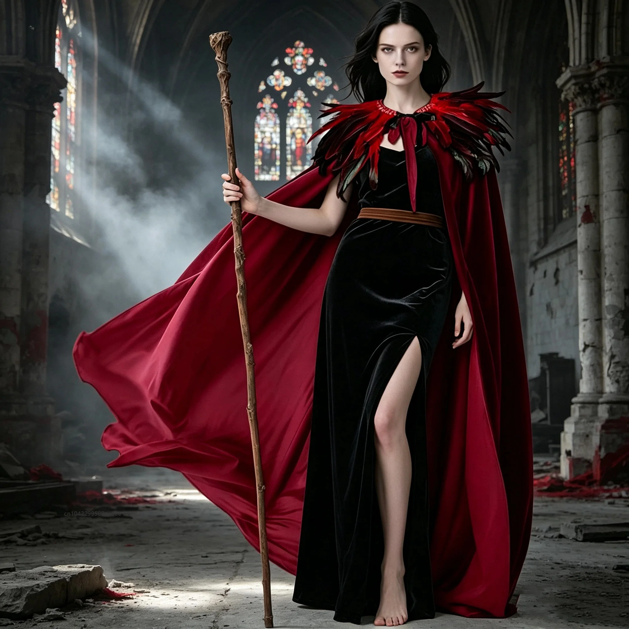 Medieval Vintage Cloak With Red Black Feather Shoulder Collar Gothic Wizard Vampire Cape  Halloween Renaissance Party Costume