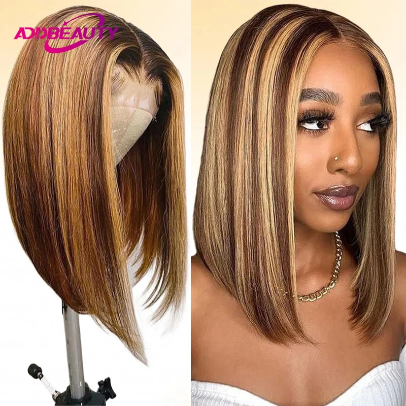 13x4 Short Bob Wigs for Women Addbeauty Straight Human Hair Wigs 13x4 HD Lace Front Wig Human Hair Natural Highlight Brown Wig