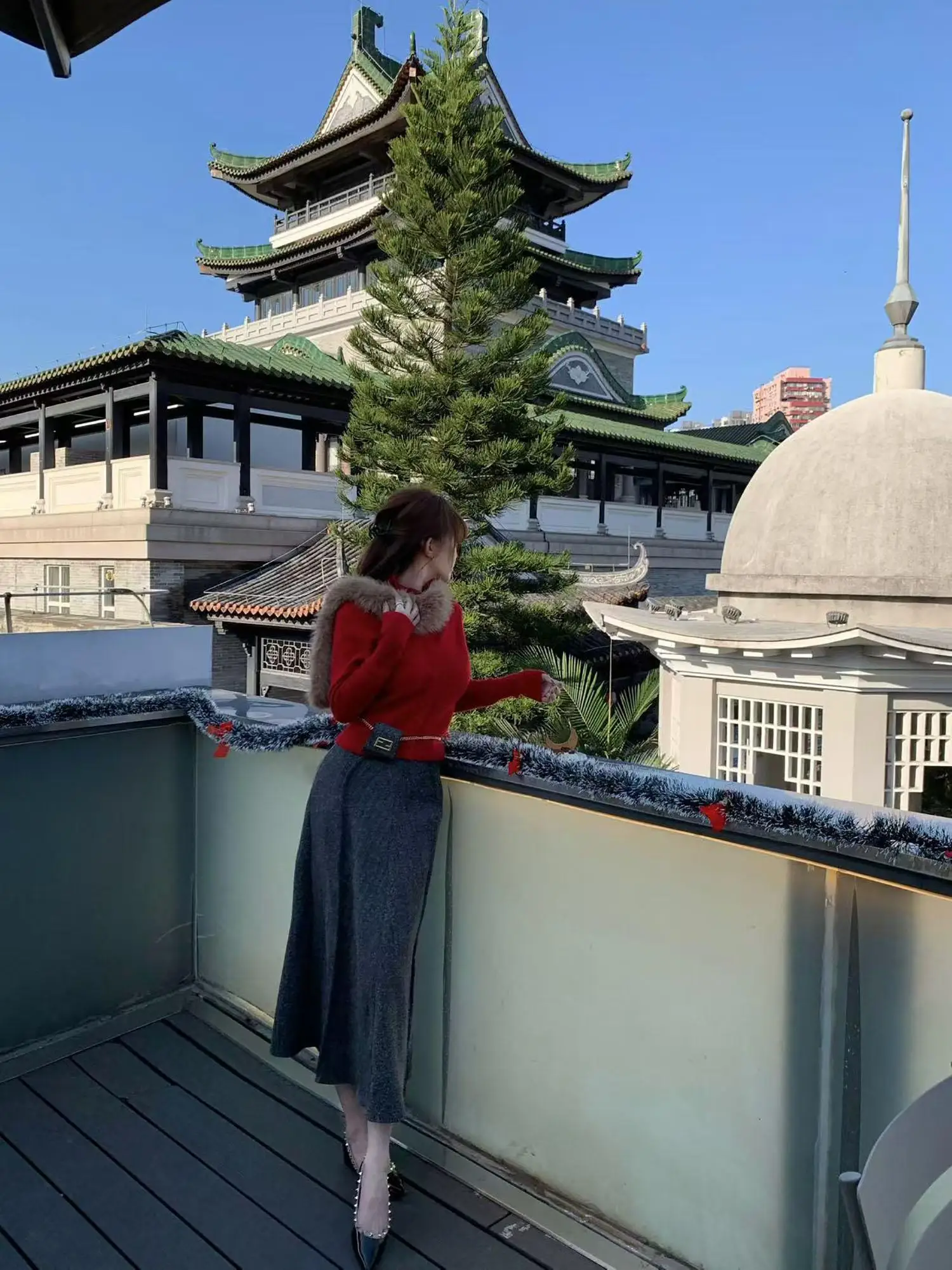 

Ele Herringbone Pattern Slimming Midi Skirt with Waist Bag Autumn Winter Polyester Fiber 00% Faionable Women's Skirt