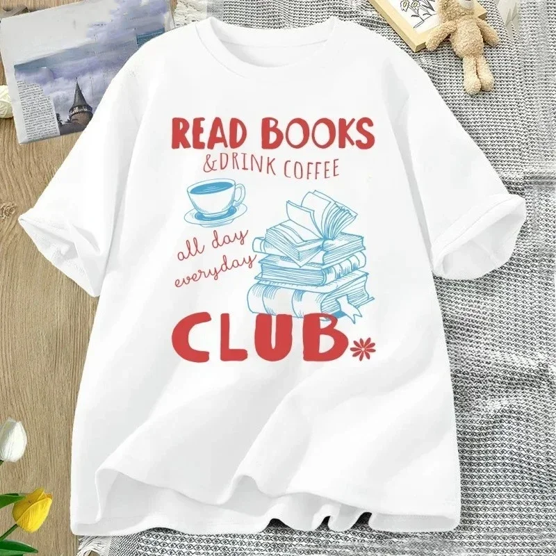 Reading Book and Coffee Club T-shirt Women Casual Short Sleeve Tshirt Clothing Vintage Bookish Tops Graphic Aesthetic Clothes