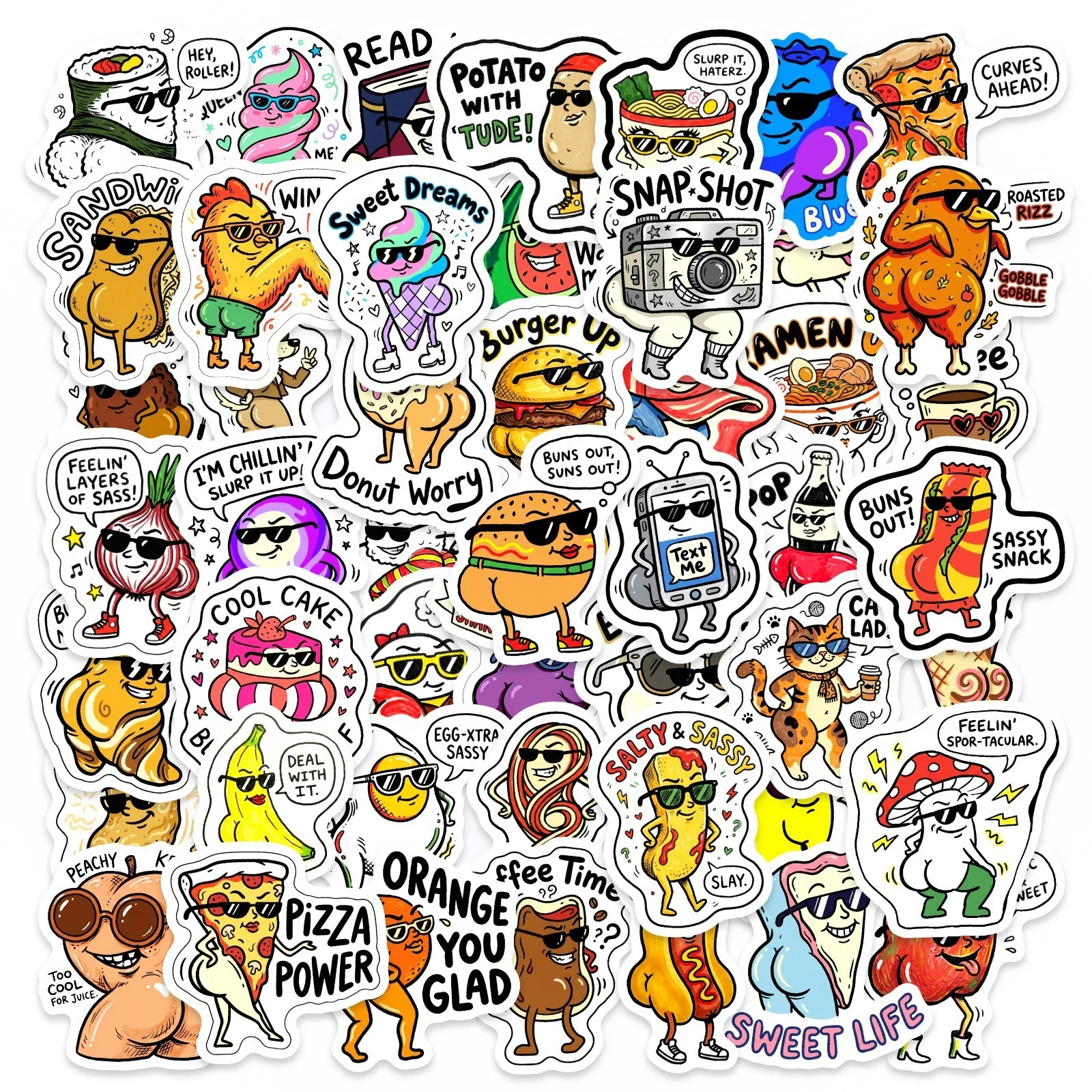 10/30/50PCS Cartoon Funny Humorous Food MEME Stickers Book DIY Skateboard Guitar Luggage Suitcase Decoration Graffiti Sticker