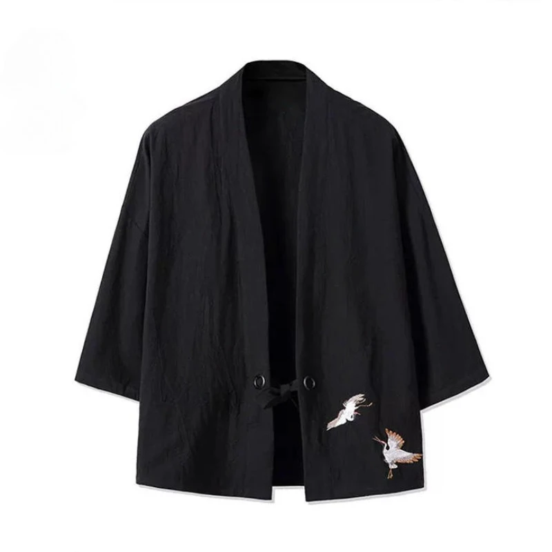 Men's Kimono Crane Embroidery Harajuku Japanese Style Open Top Shirt Casual Men's Short Sleeved Traditional Loose Casual Shirt