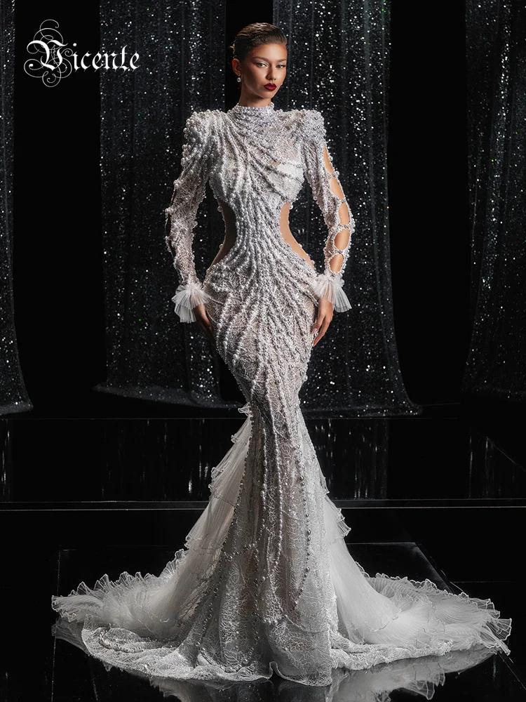 Luxury Beaded Pearl Mermaid Wedding Dress High Neck Long Sleeve Cutout Waist Tulle Train Bridal Gown Sparkly Lace Evening Dress