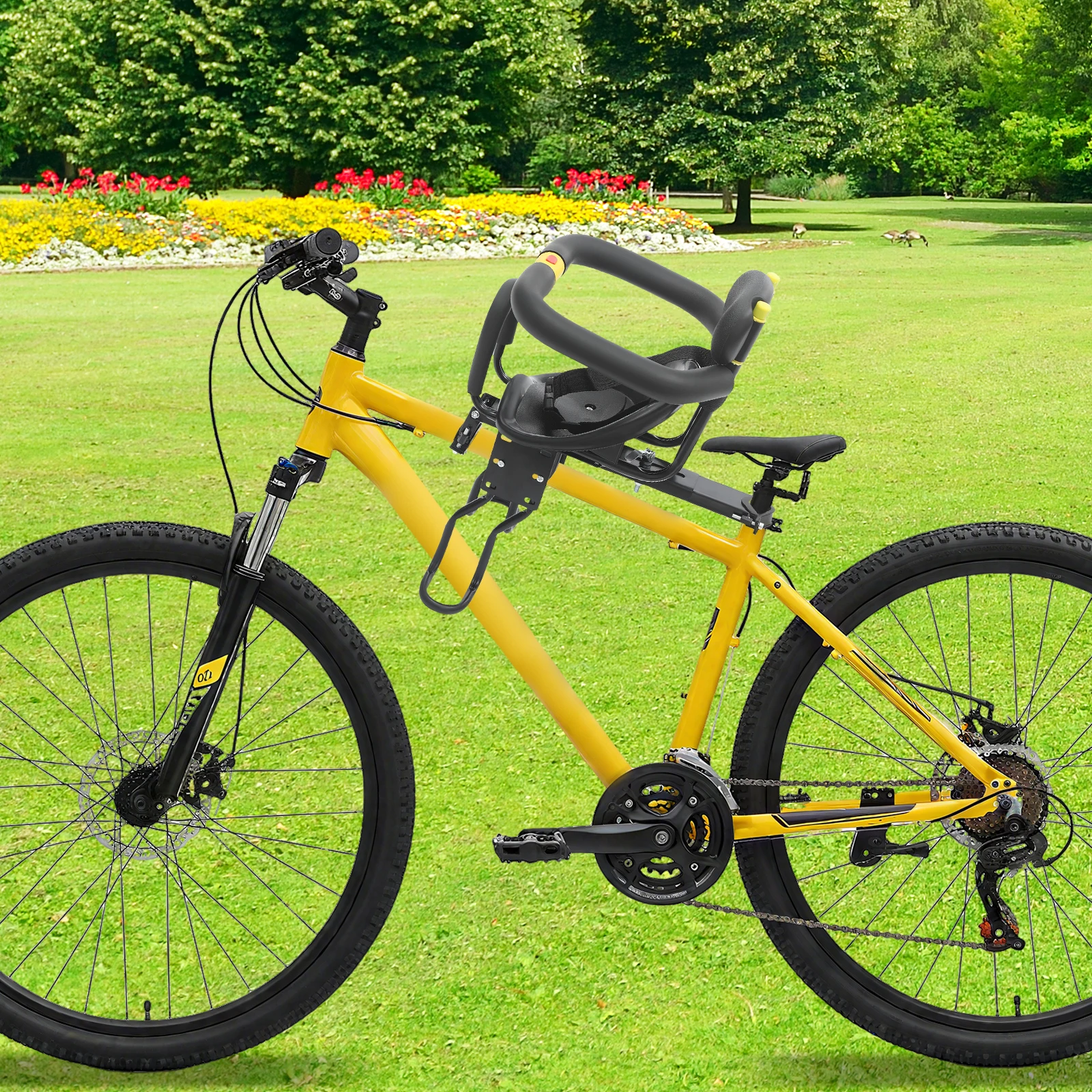 Adjustable Bike Child Seat for Ages 1-5, Safety Seat with Sponge Cushion, Seat Belt, Flexible Pedals for Mountain & City Bikes