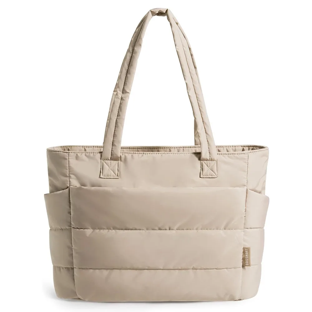 

Versatile Large Capacity Cotton Padded Tote Bag Soft Solid Color Quilted Tote Bag Zipper Simple Puffy Laptop Bag Work