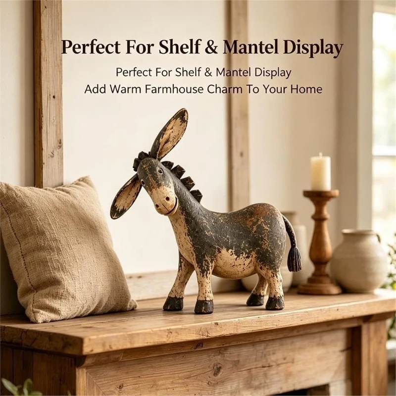 Rustic Donkey Figurine for Farmhouse Decor, Distressed Brown Western Statue, Vintage Farm Tabletop Ornament for Gift