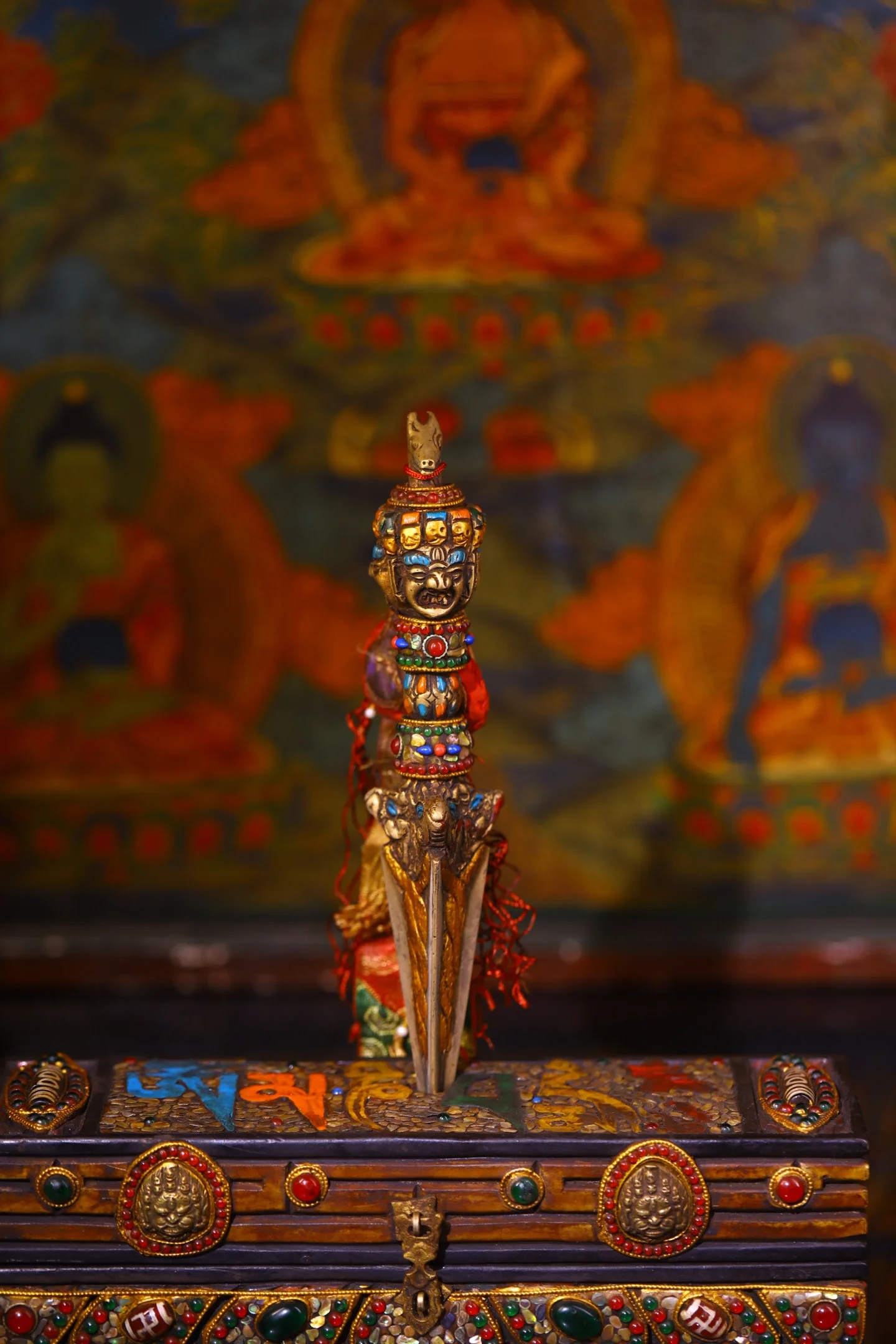 Tibetan brass painted with precious stones Vajra pestle, magic ware, wooden box, home Buddhist hall offering supplies, incense c