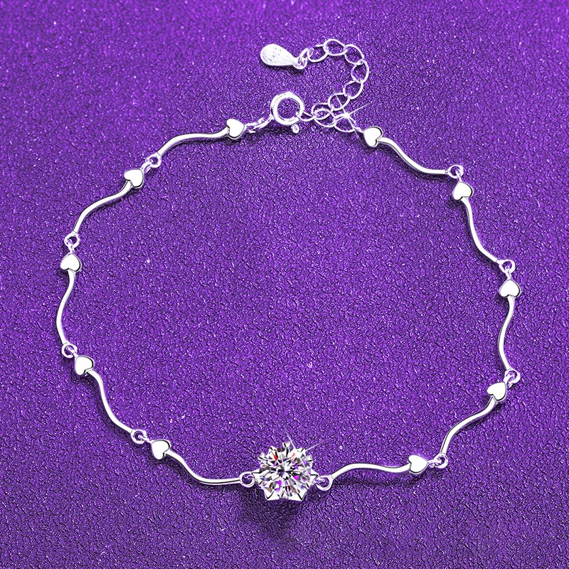 

S925 Silver White Gold Plated 1CT D Color Moissanite Heart & Snowflake Bracelet for Women, Exquisite Jewelry.