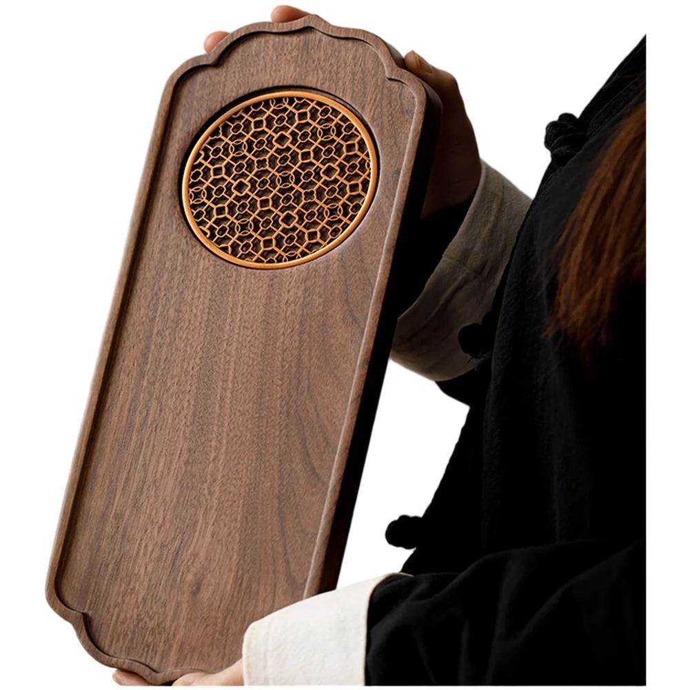 Black Walnut Wooden Tea Tray with Slim Profile and Carved Floral Motif Offering Long Lasting Use and Sophisticated Tea Setup