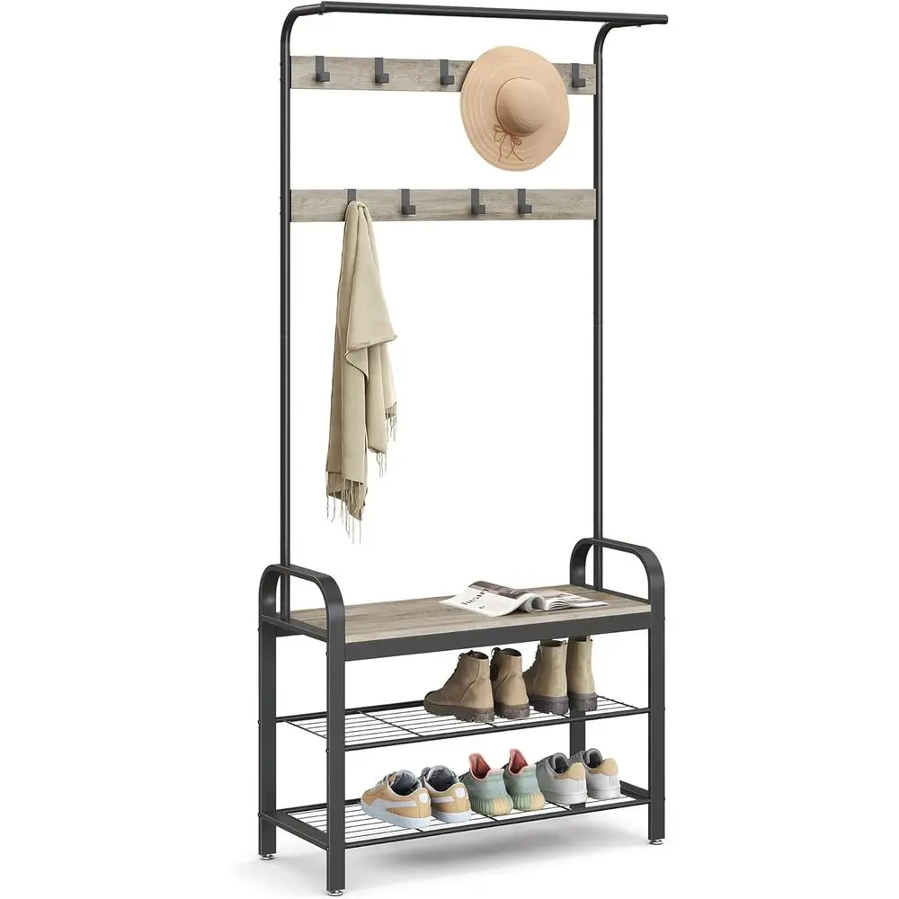 4-in-1 Coat Rack, Hall Tree with Shoe Bench, Entryway Bench, 9 Removable Hooks, Hanging Rod, 13.3 x 33.1 x 72.1 Inches, Greige a