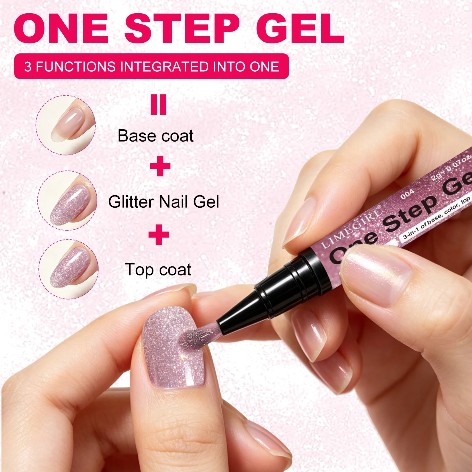 LIMEGIRL 3pcs Glitter One Step Gel Nail Polish Pen No Base Top Coat Needed Quick-Dry Long-Lasting UV LED Glitter Nail Gel Pen