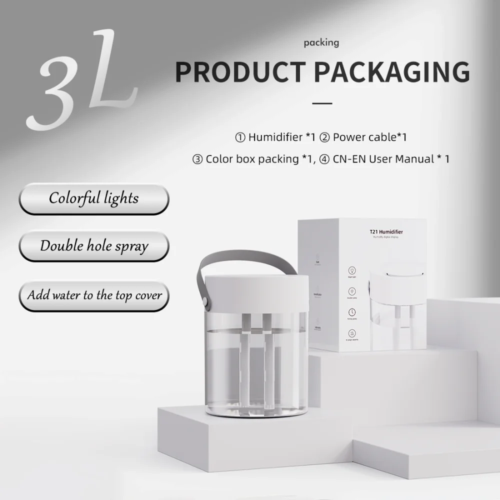 

1 шт., 3 л увлажнитель с верхним наполнением, двойной распылитель и 7-цветная подсветка, интеллектуальный цифровой дисплей (T20)/стандарт (T21), 12 часов, тихий для домашнего офиса
