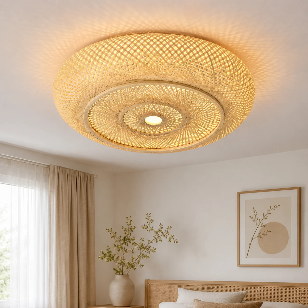 JOYINLED Vintage Handwoven Bamboo Ceiling Light Wicker Light Fixtures Rattan Flush Mount Ceiling Light Home Decoration Lamps