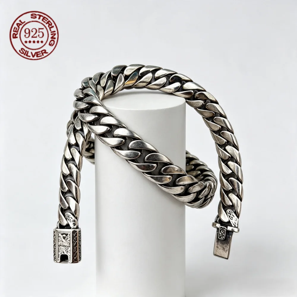 Polished Heavy Cuban Link Bracelet For Men Retro Scroll Engraved Safety Box Clasp Wrist Chain Made of S925 Sterling Silver Jewel