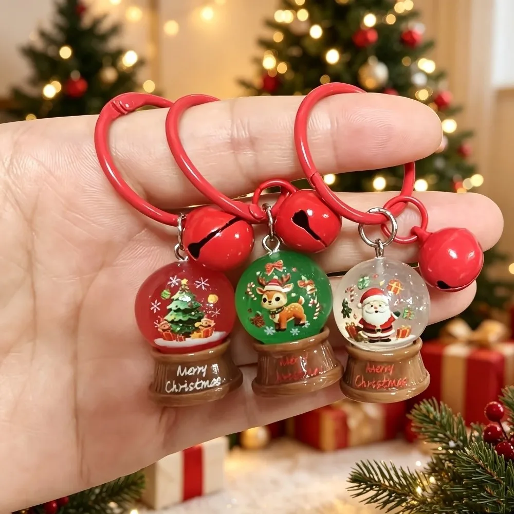 Resin Ball Christmas Crystal Ball Keychain Miniature Scene Cartoon Mini Reindeer Charm with Red Bell Handmade