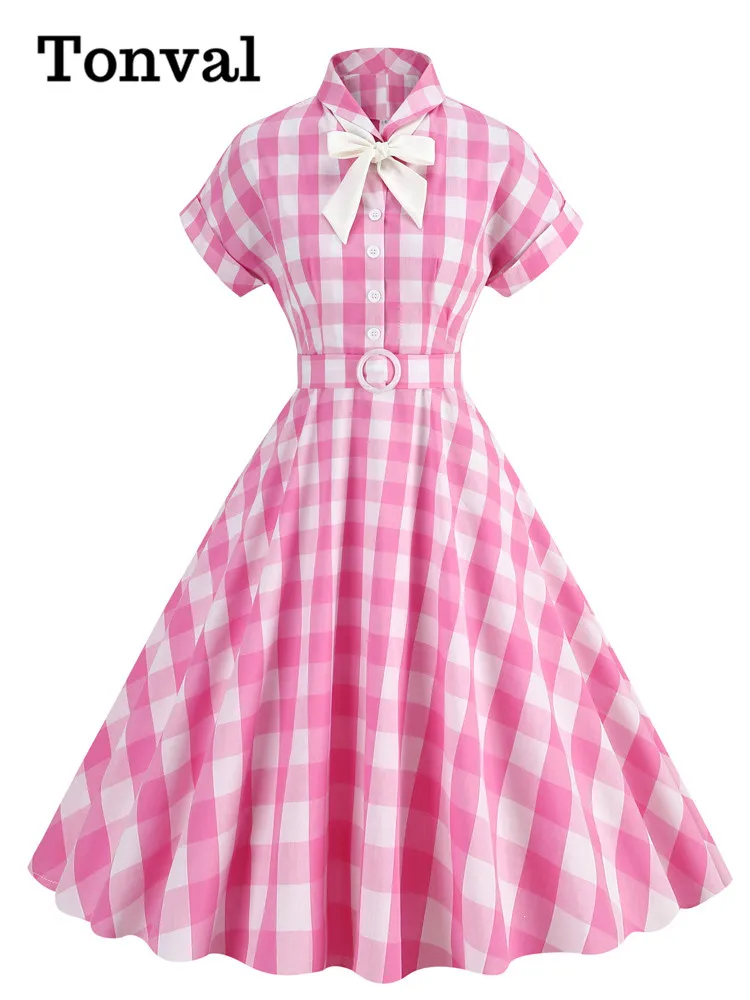 Tonval Turn Down Collar with Bow Buttons Vintage Cotton Long Dresses for Women Pink and White Gingham Print Elegant Swing Dress