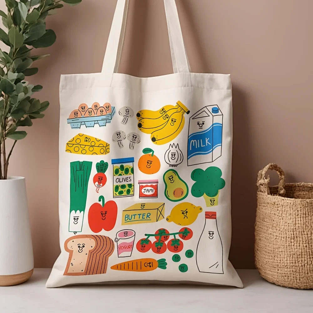 Bolsas de lona com ilustração de comida apelativa, sacolas de supermercado reutilizáveis com ícones de comida interessantes