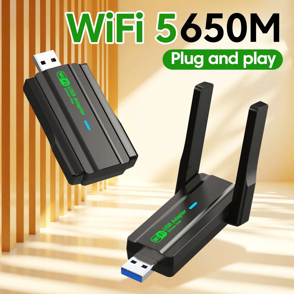 650M/1300M USB A Wifi5 Dual Antenna Drive Free 2.4G/5G Dual Band Wireless Network Card Wireless WiFi Signal Receiver Transmitter
