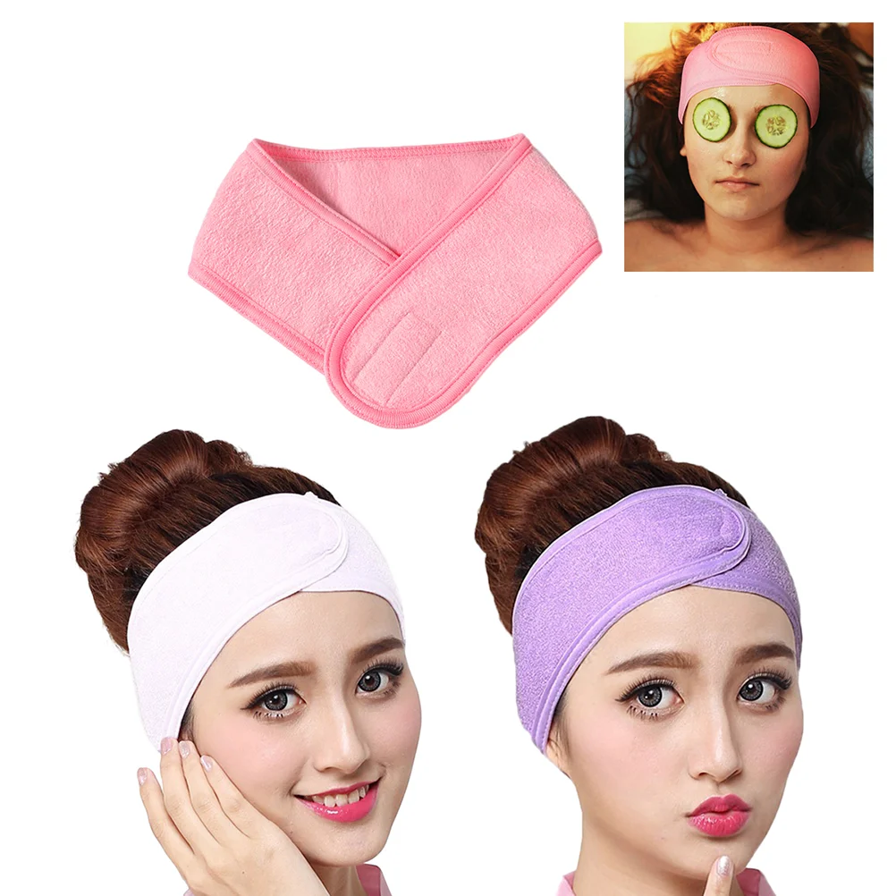 3Pcs Spa Facial Headband Make Up Wrap Head Cloth Headband Stretch Towel with Tape (White & Black & Pink)