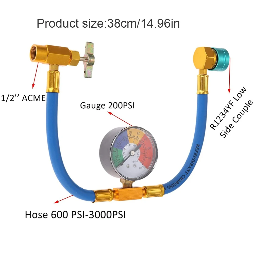 AC Recharge Hose R1234YF Air Conditioner Gas Charging Hose with 1/2 Inch ACME LH 14mm Low Side Quick Coupler for Car Automobile