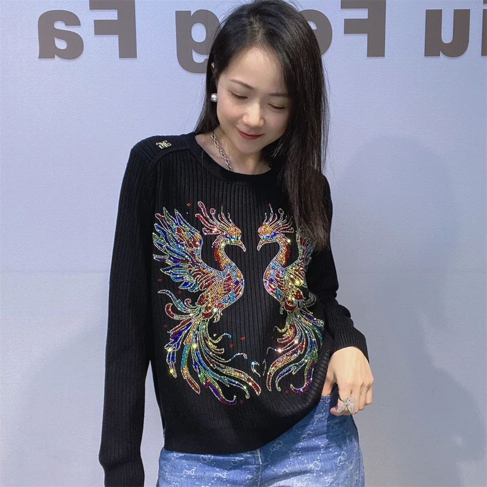 Phoenix Pattern Pullover Knitted Sweater Tops For Women Y2k Clothes Knitshirts Casual O Neck Long Sleeve Knitwear Bust 120cm