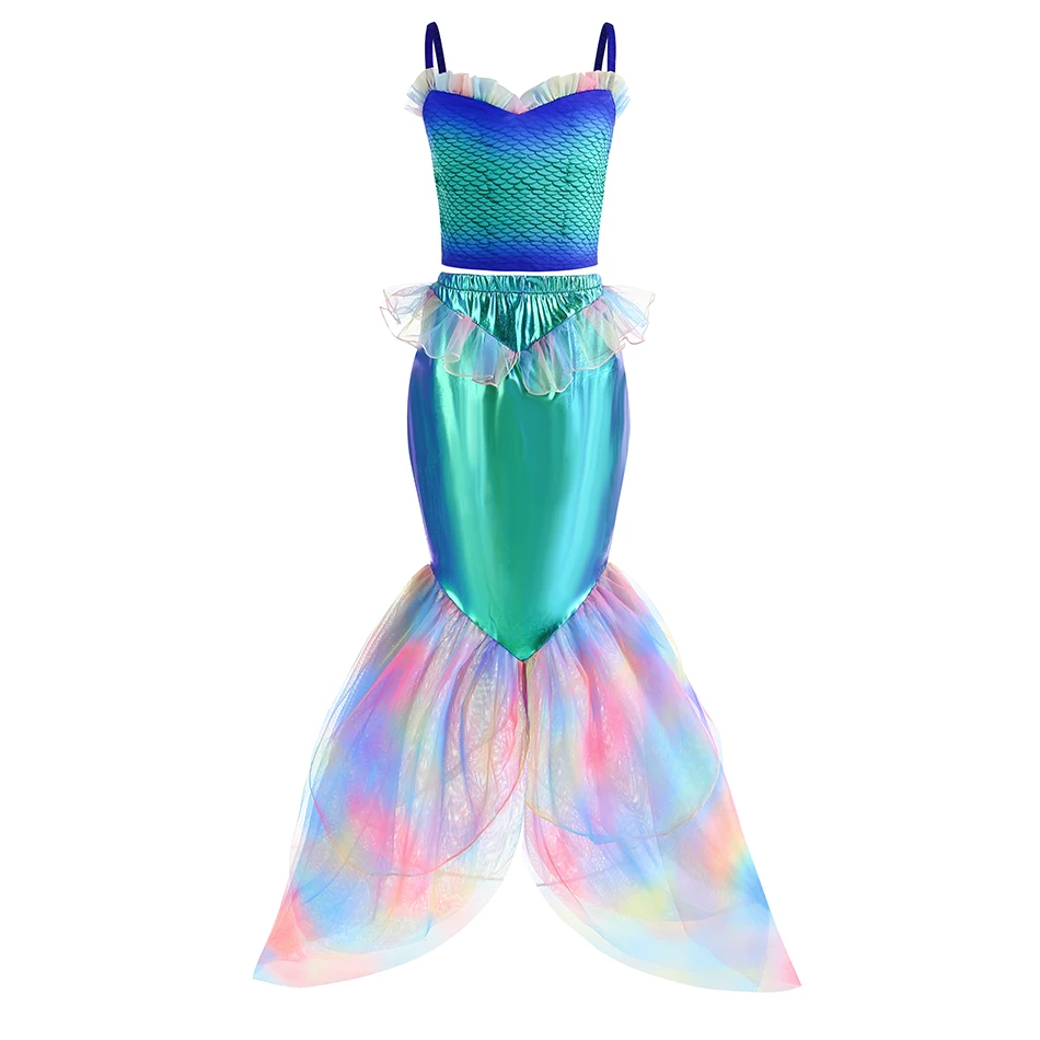 2024 NUOVO due pezzi sirena vestire top e gonna a coda ragazze spalle scoperte abito da principessa Ariel gioco di ruolo bambini abbigliamento di Halloween