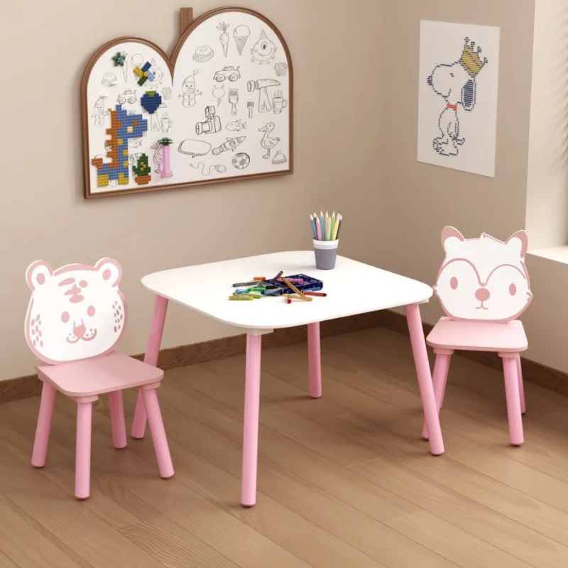 Pink White 3 Piece Kids Wooden Table and Chair Set with Animal Backrest Activity Desk for Drawing Learning Playroom Nursery