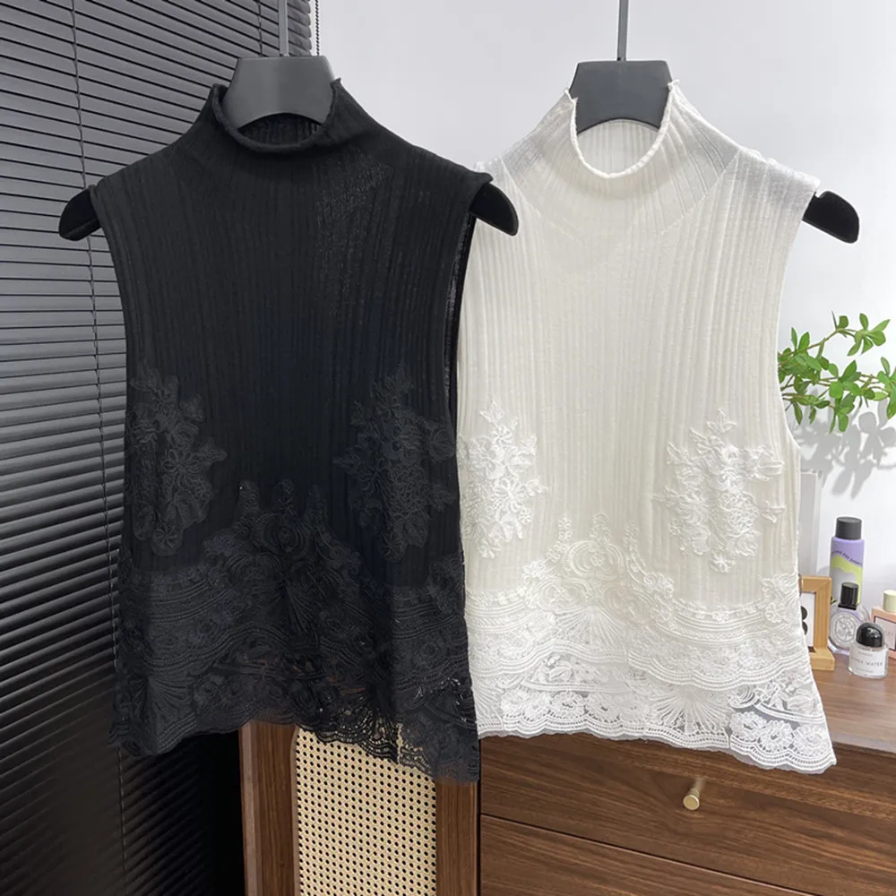 

Ladies Lace Splicing Embroidery Knitted Vest 100% Wool Sleeveless Pullover Top